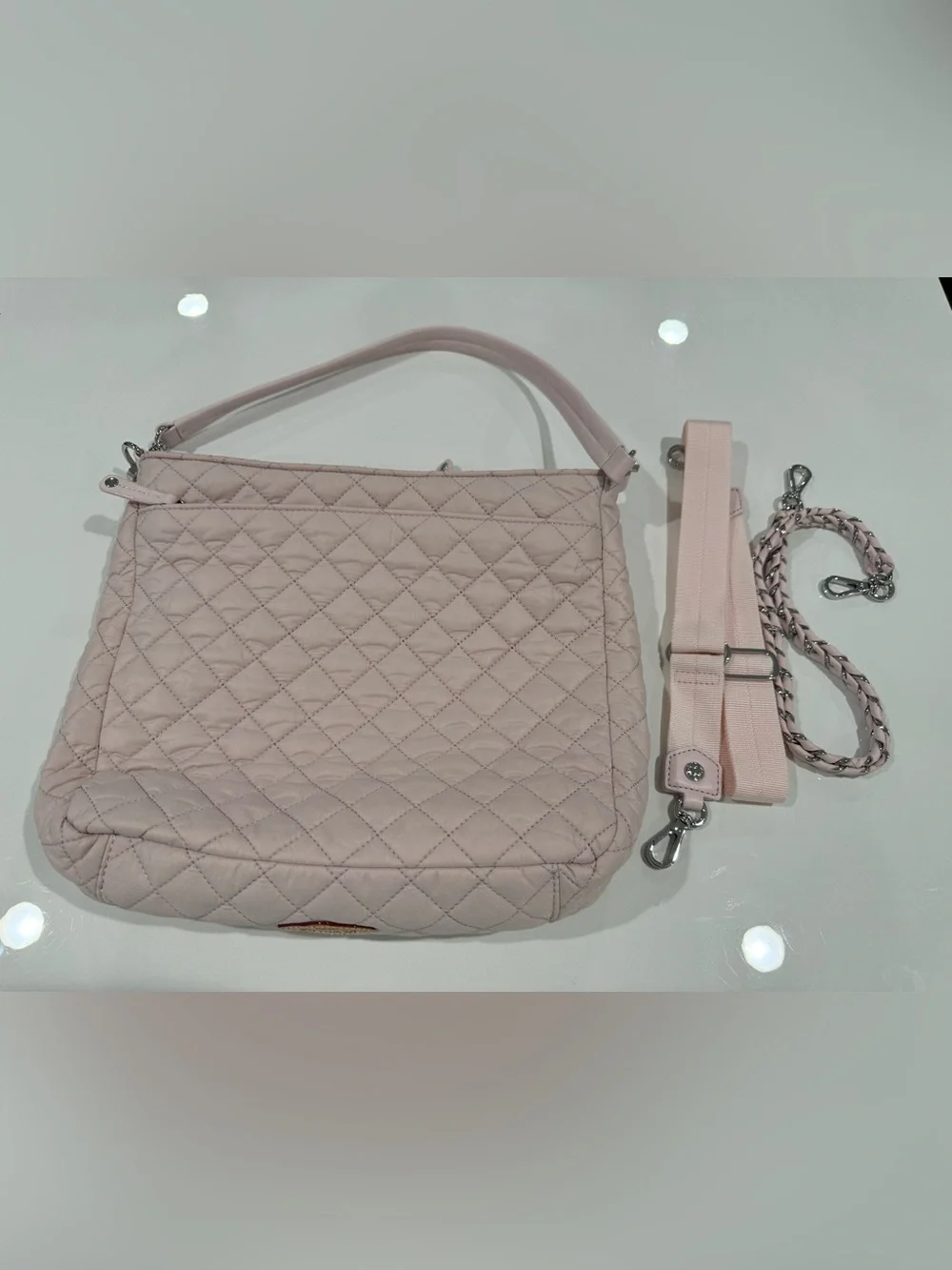 MZ Wallace Quilted Shoulder/Crossbody Hobo Bag in Pale Pink